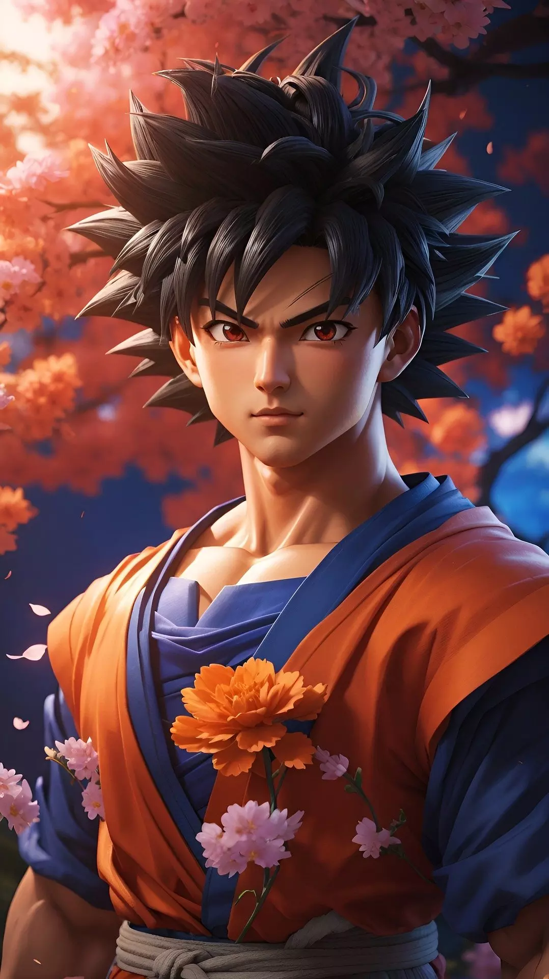 Anime character in orange and blue holding a flower, with cherry blossoms in the background.