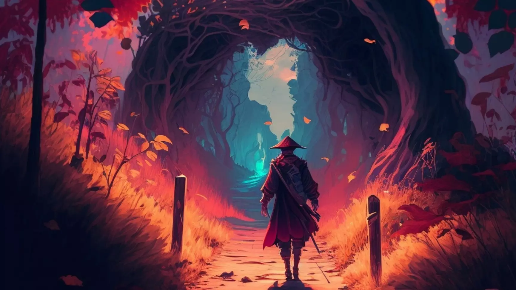 A mystical figure in a red cloak walks towards a luminous portal in an autumnal forest archway.