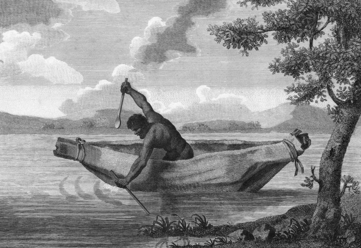 black and white engraving of Pemulwuy in a canoe