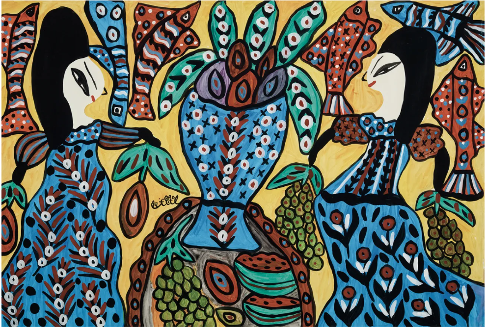 “Deux Femmes avec vase fond Jaune (Two Women with yellow vase)” (1997) by Baya Mahieddine
