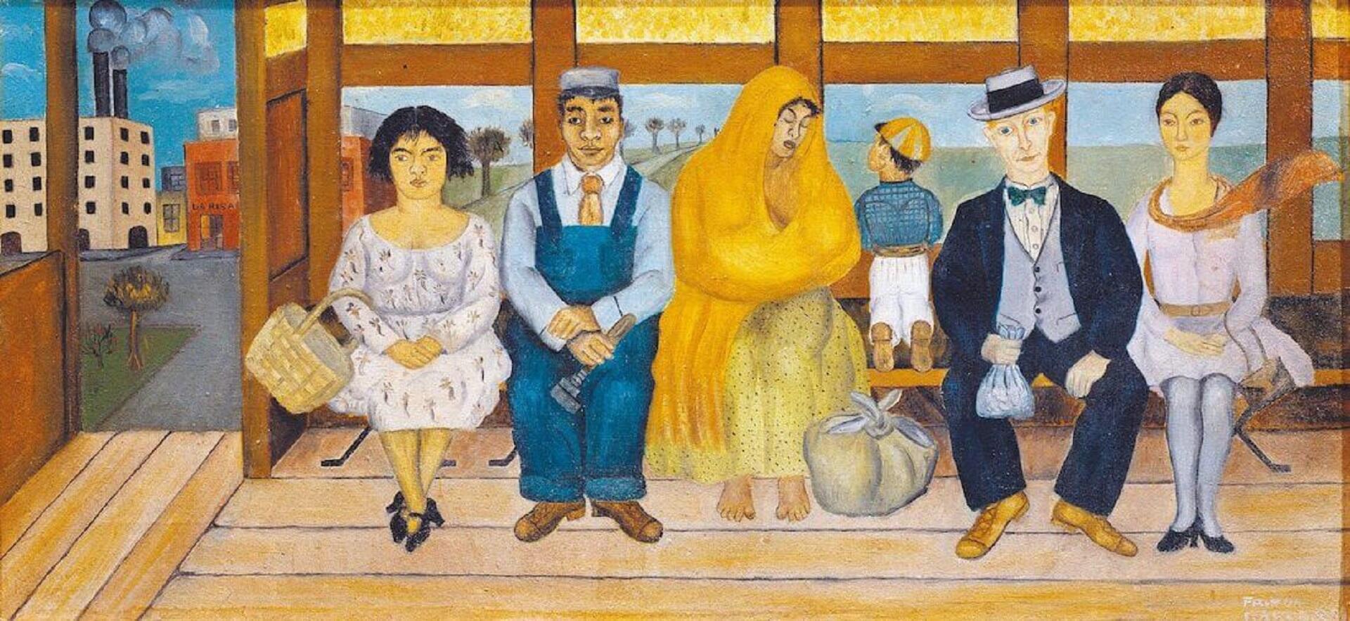 People in various styles of dress sitting on a wooden bus.