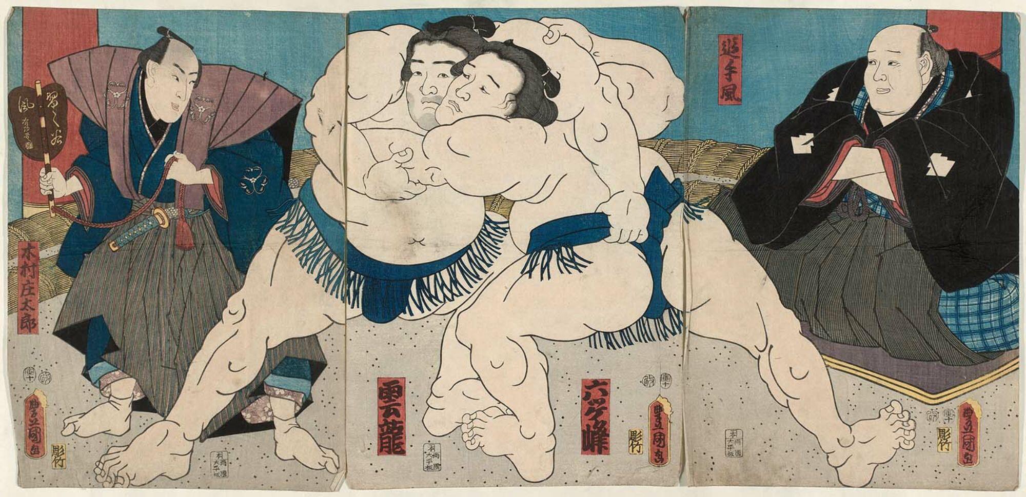 a blockprint depicting a sumo match between two sumo wrestlers