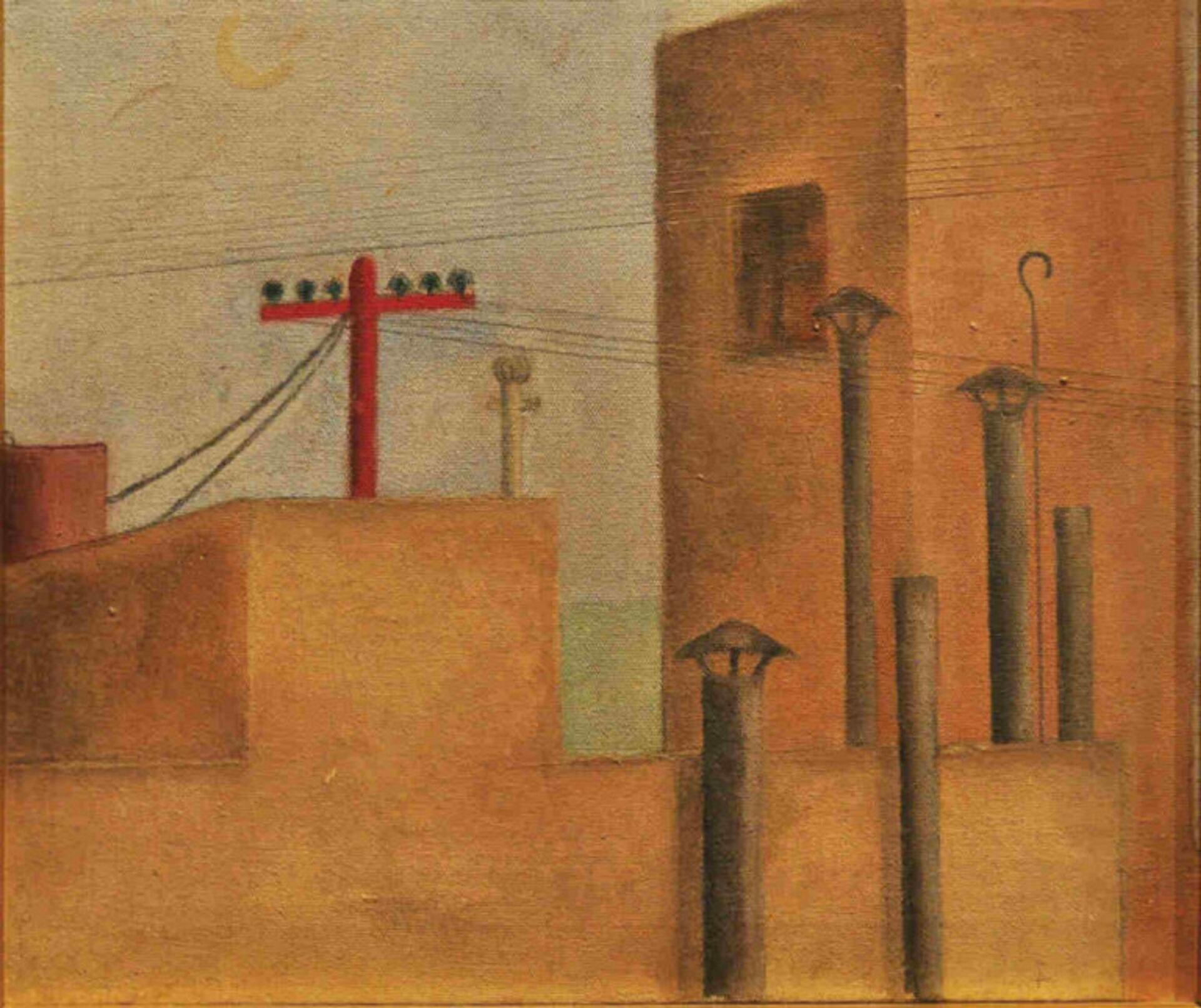 Brown buildings with a red electricity pole behind them.