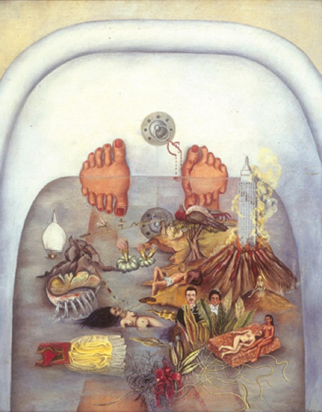A bathtub showing person's feet sticking out of the water and a collection of things on top.