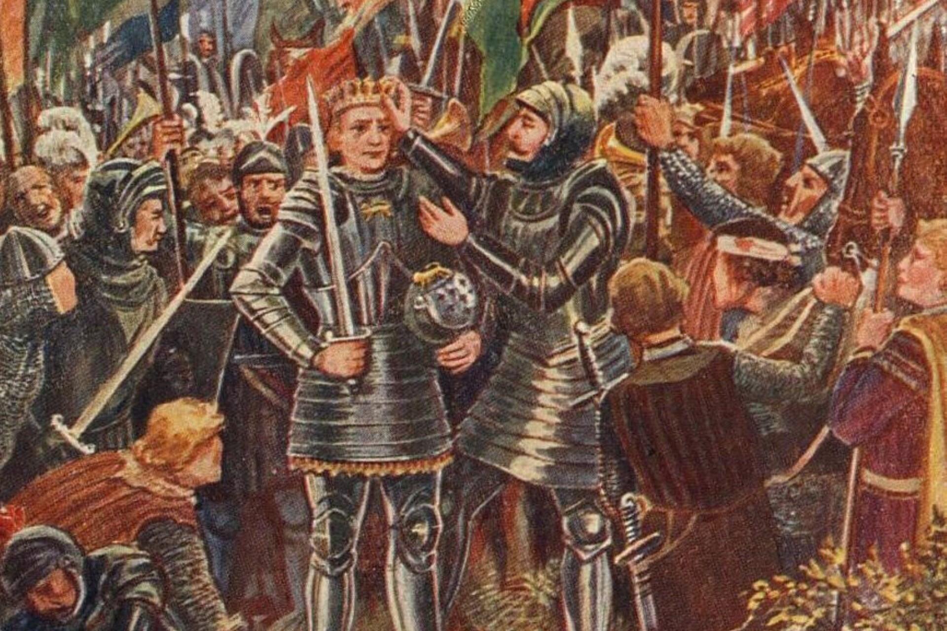 Illustration showing Henry Tudor’s forces defeating Richard III at the Battle of Bosworth Field during the Wars of the Roses.