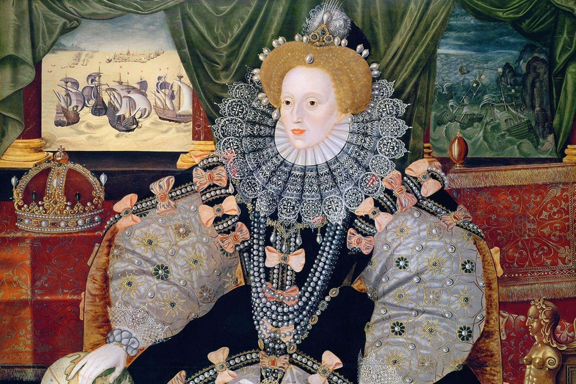 Portrait painting of Queen Elizabeth I wearing an elaborate ruffled collar, ornate gown, pearls, and royal regalia.