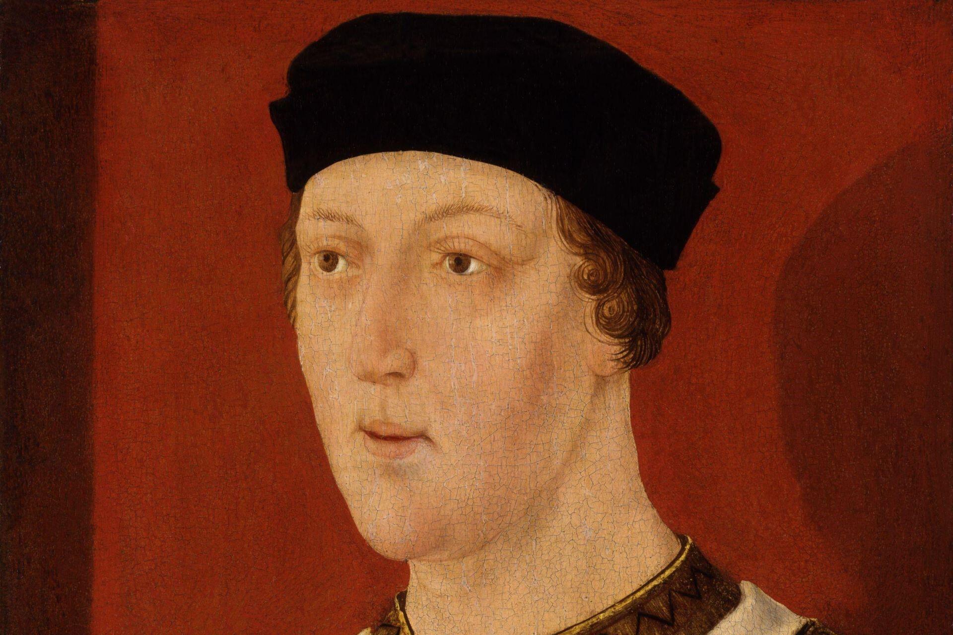 Portrait of Henry VI wearing Lancastrian royal clothing and black Tudor cap, representing the king whose reign triggered political instability.