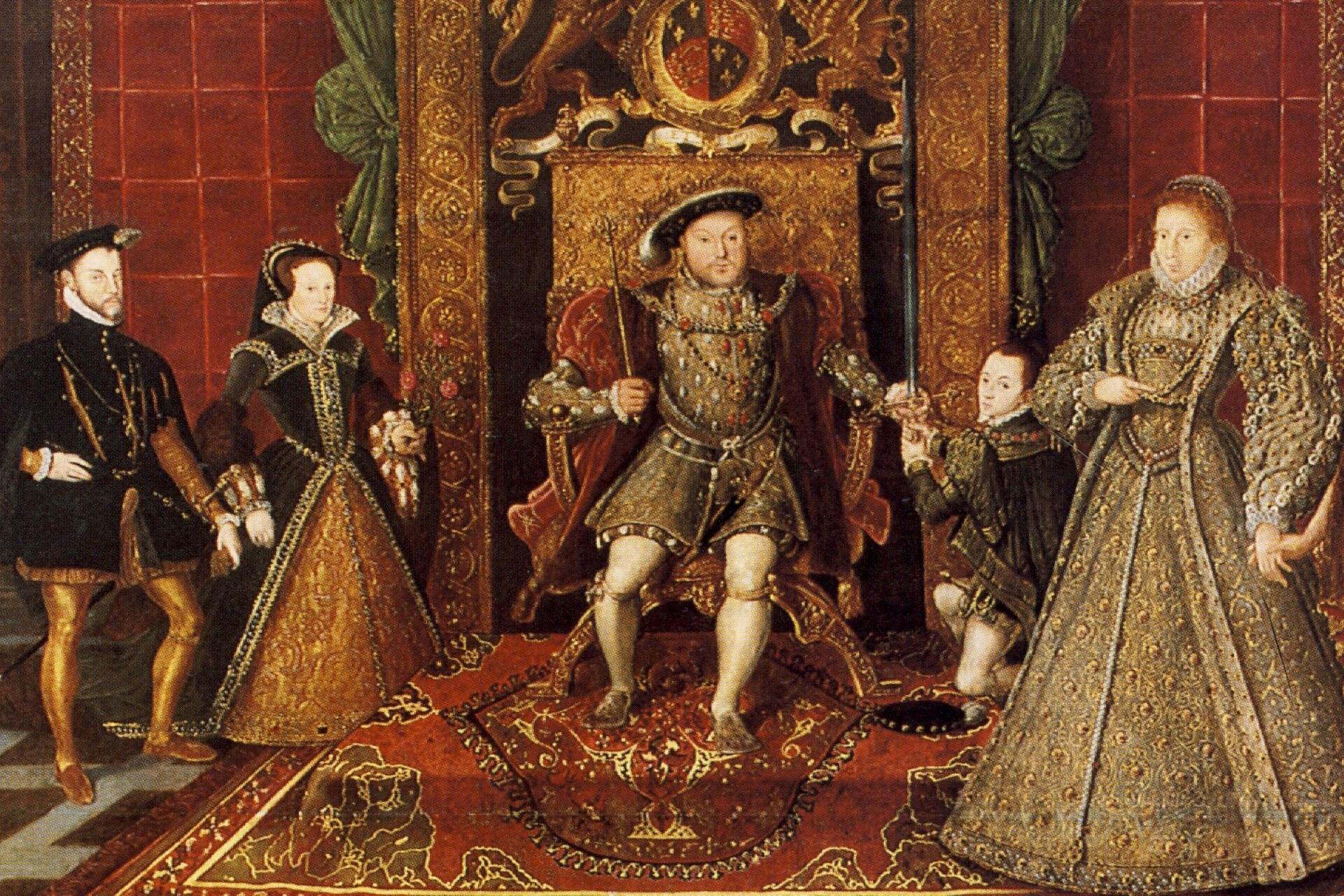 Painting of King Henry VIII seated on a throne surrounded by members of the Tudor royal family in richly decorated court clothing.