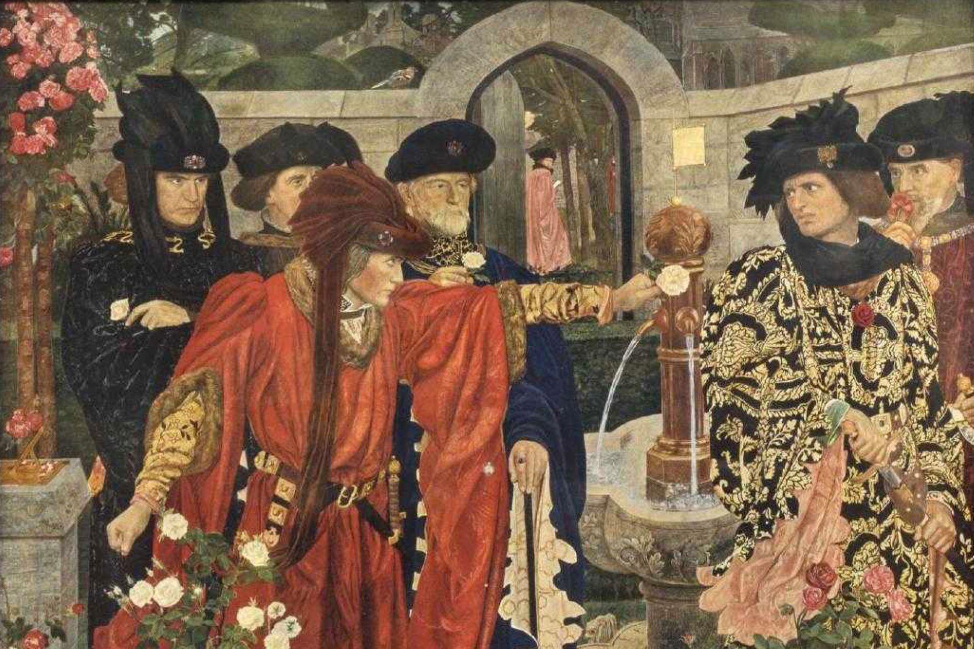 Historical painting depicting nobles choosing red and white roses to represent the Houses of Lancaster and York during the Wars of the Roses.