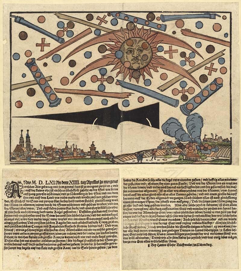 News notice describing the celestial phenomenon that occurred over Nuremberg on the 14th of April 1561.