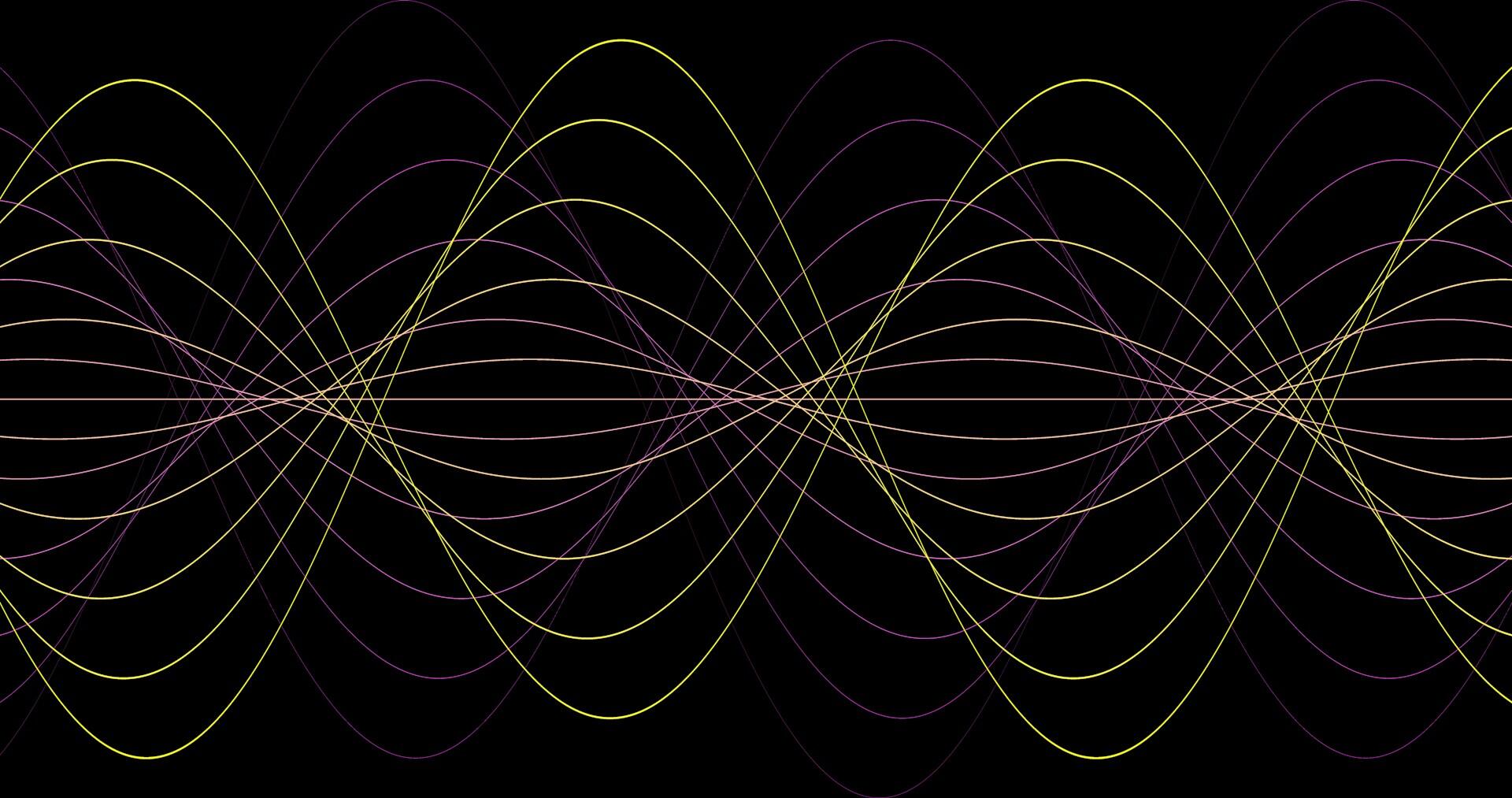 Multiple colourful sine waves intersecting against a black background.