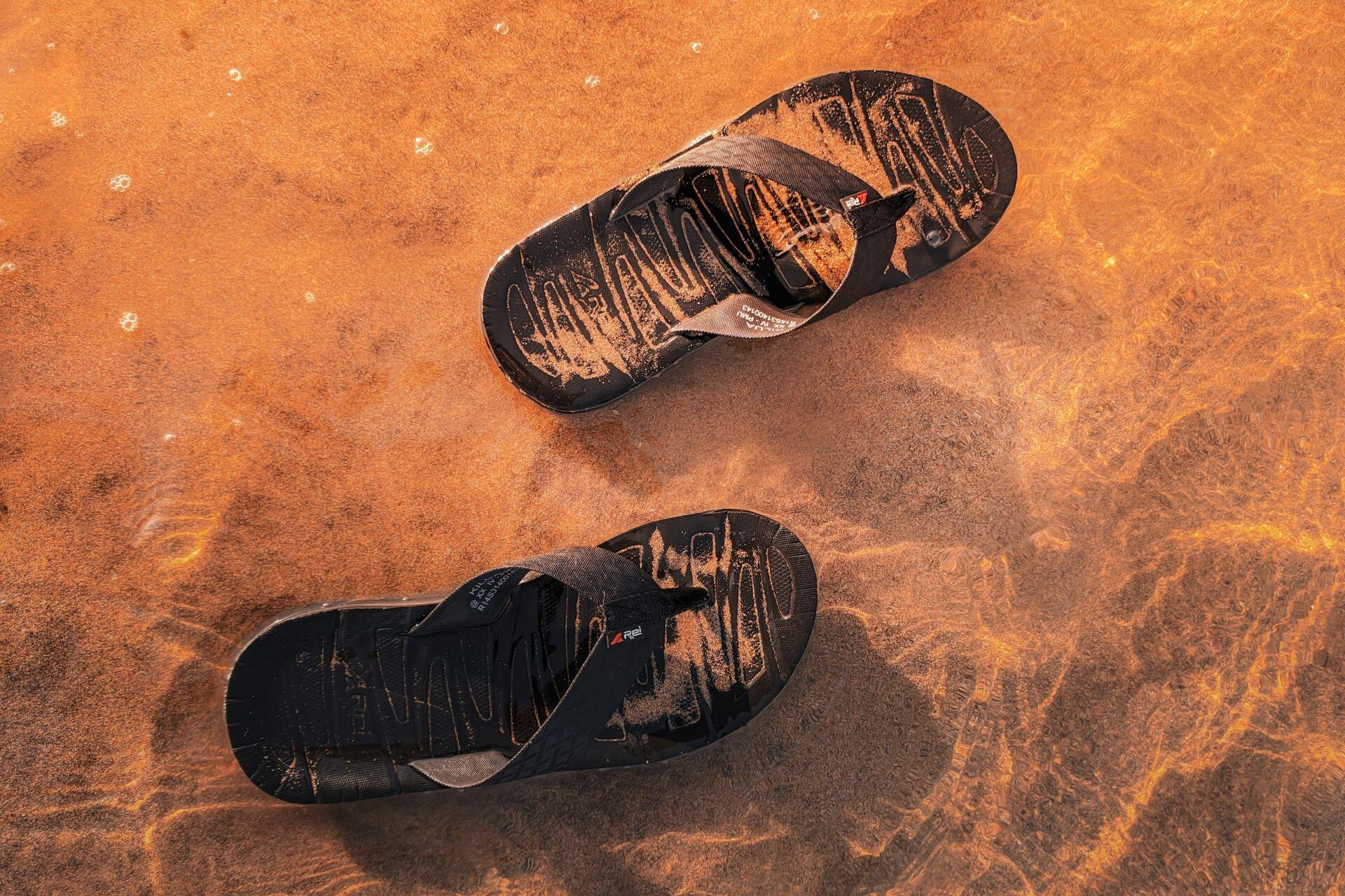 Pair of thongs or flip-flops beside the water