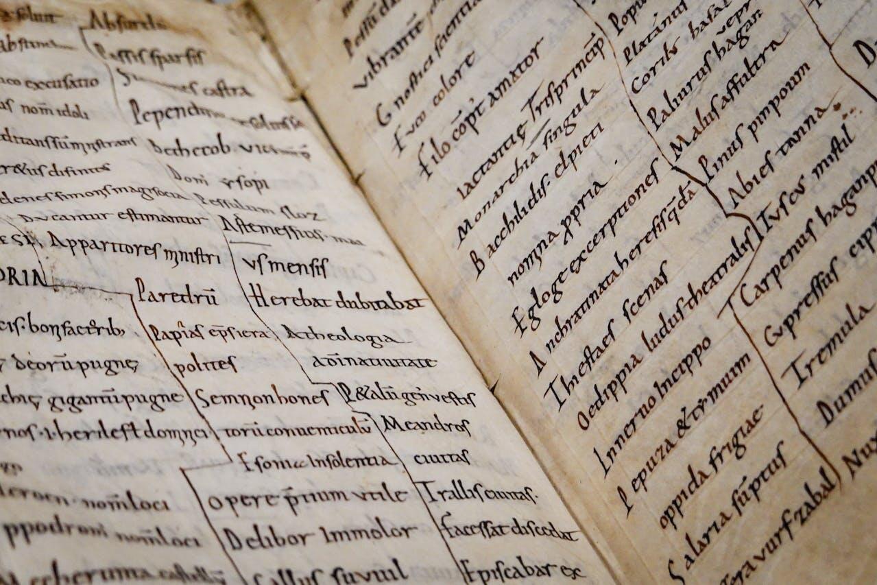A close-up view of an ancient handwritten manuscript page featuring elaborate Latin text in a calligraphic style.