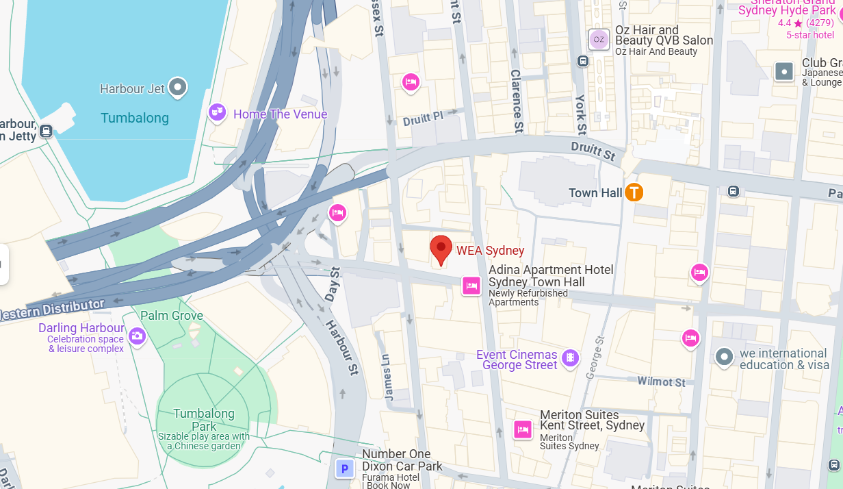 Map highlighting the location of WEA Sydney (Workers' Educational Association) in Sydney.