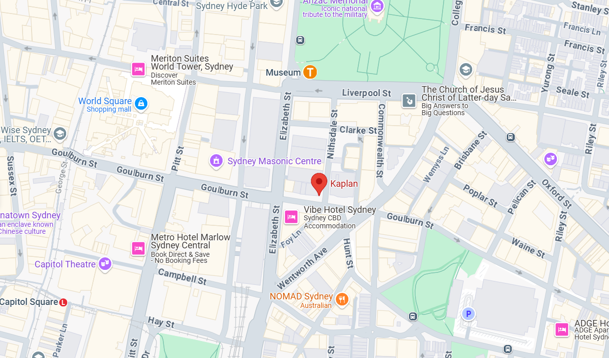 Map highlighting the location of Kaplan English language school in Sydney.