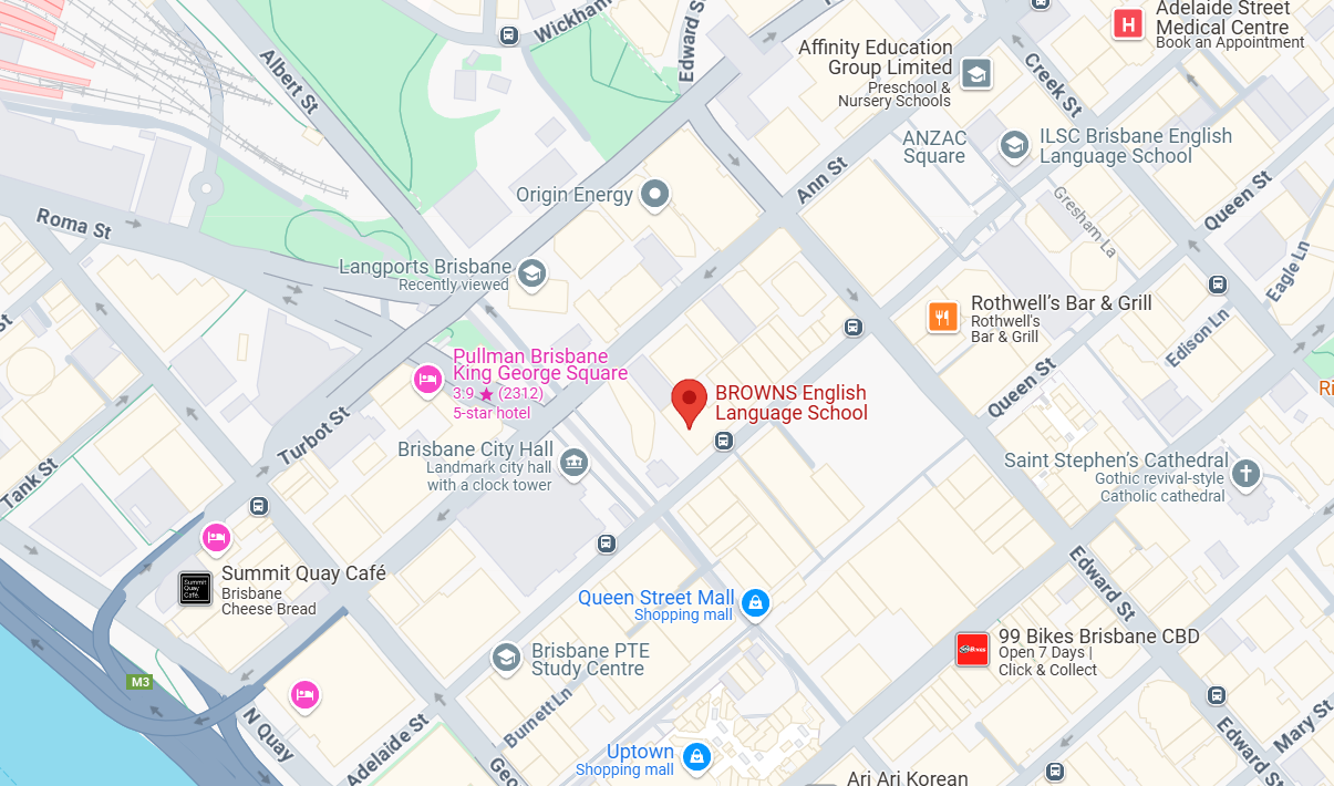 Map highlighting the location of Browns English Language School Brisbane.
