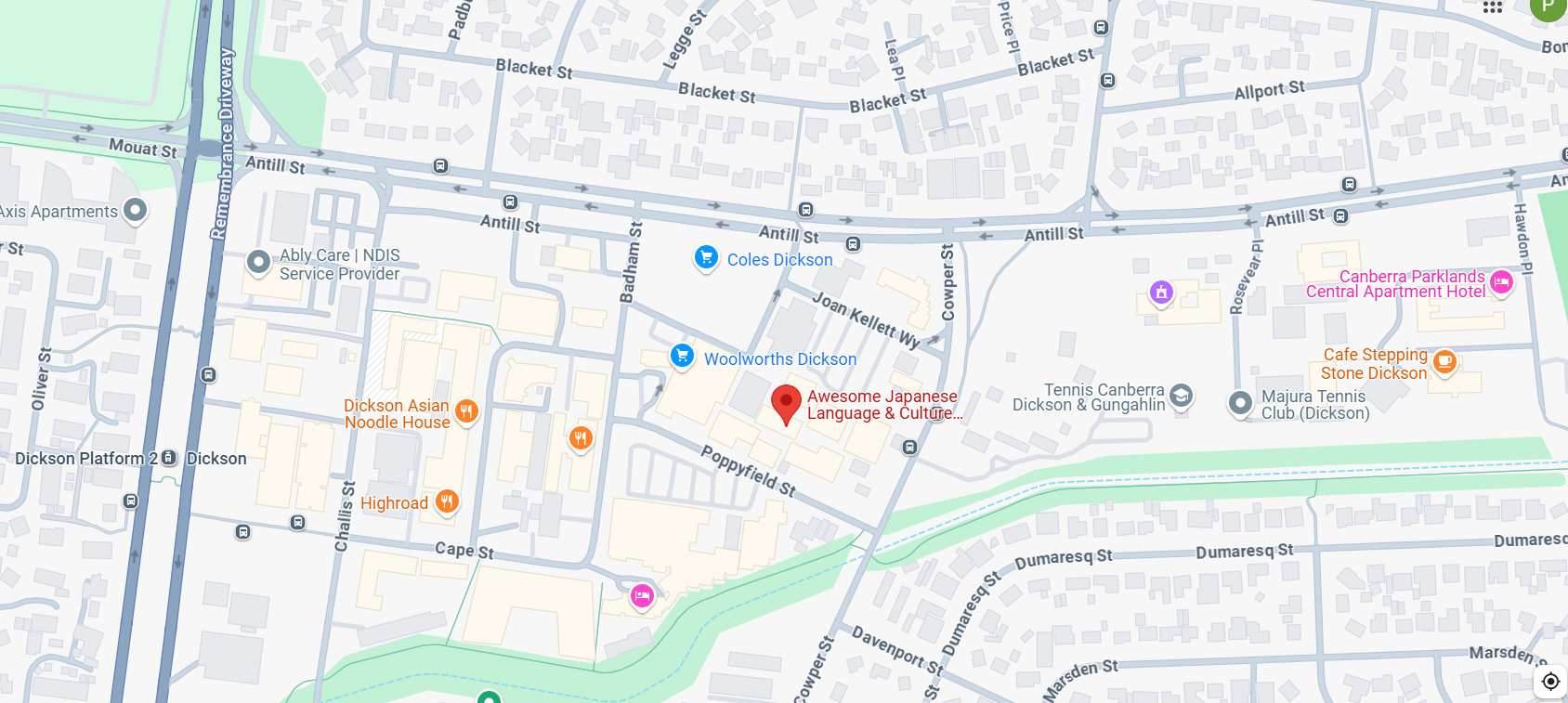 A map of ACT with a location marked in red.