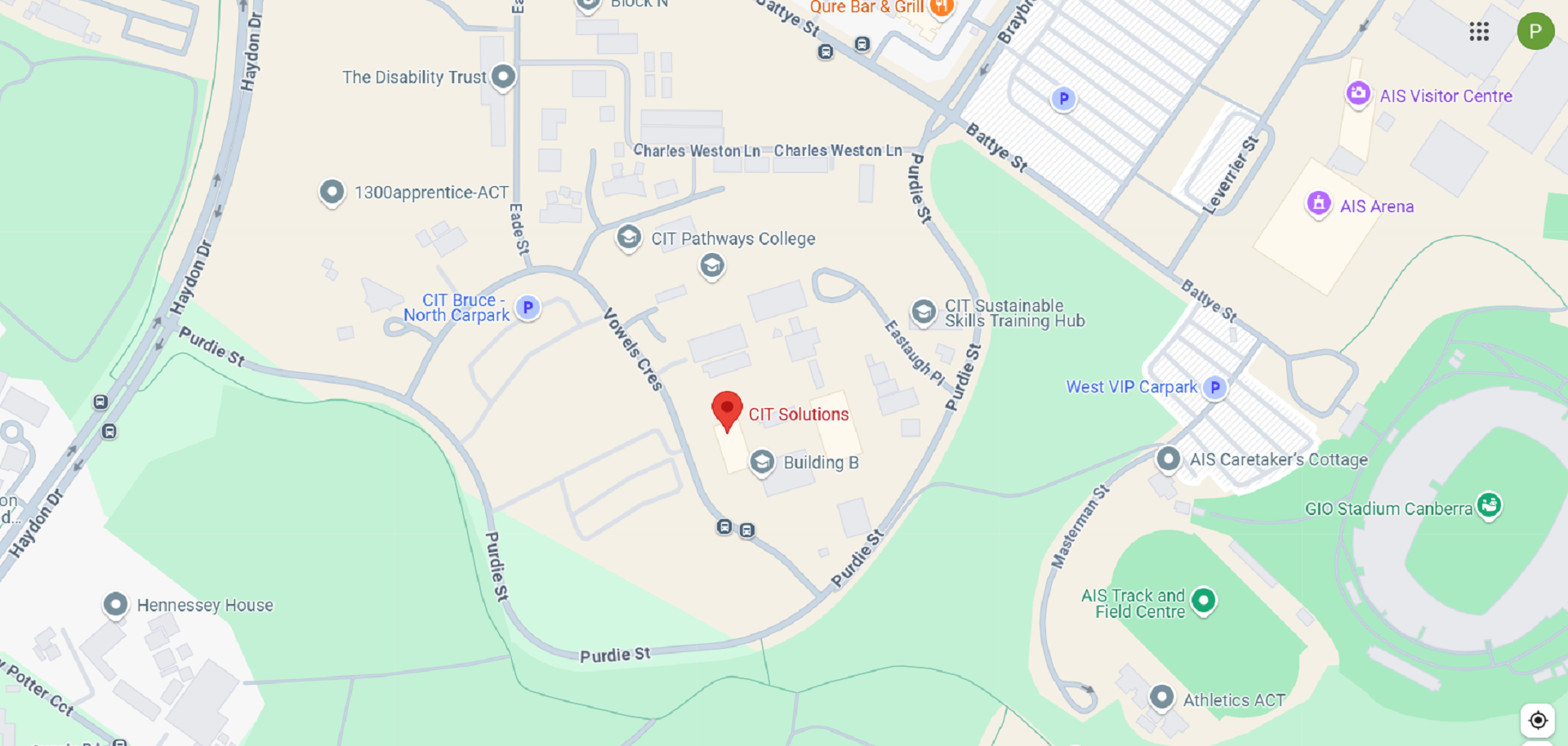 A map showing a location marked in red.