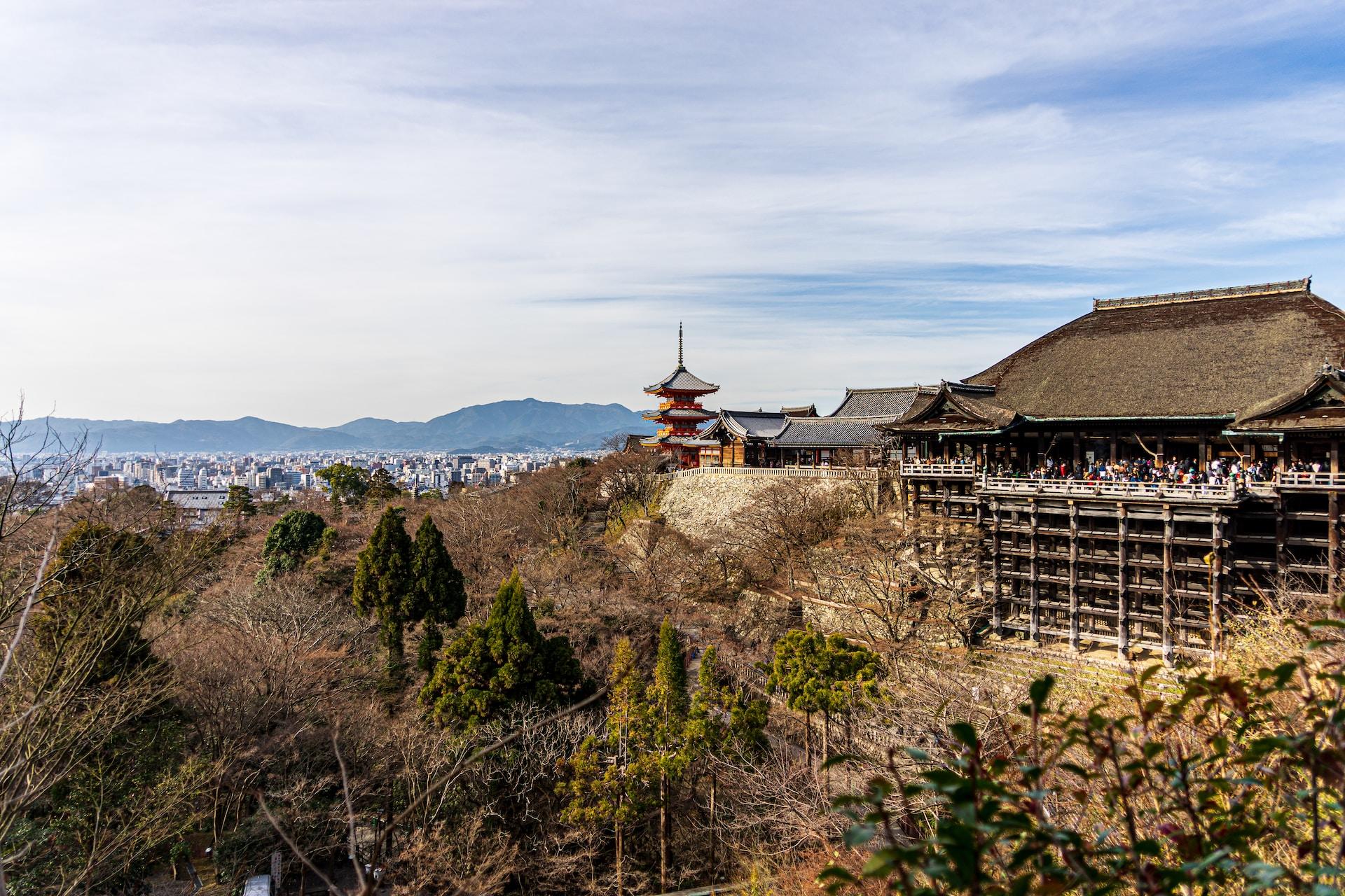 Kiyomizu-dera temple in Kyoto on a sunny day. overlooking denuded trees, with a crowd of tourists on its viewing platform.