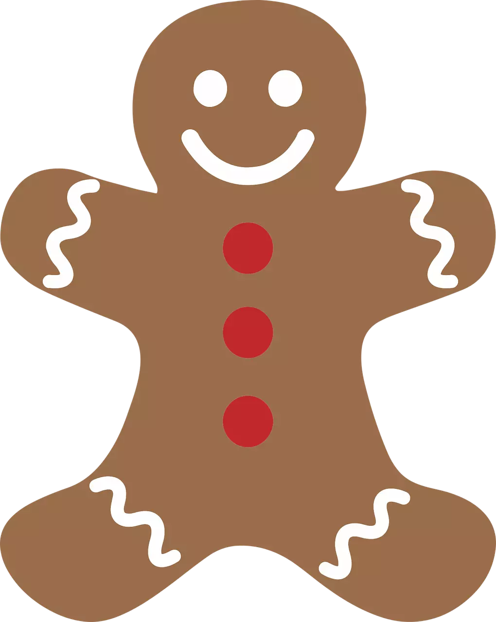 Illustration of a smiling gingerbread man with white and red decorations.