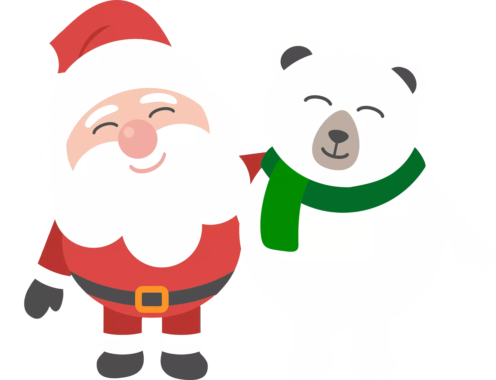 Cartoon Santa Claus with a polar bear wearing a green scarf, both smiling.