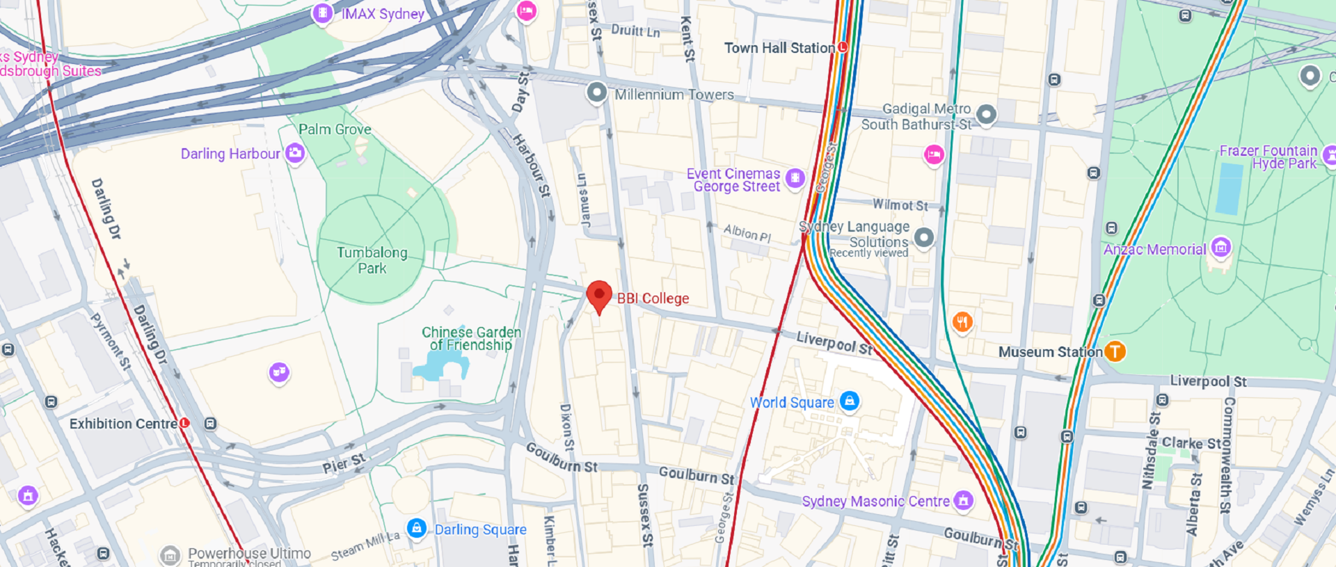 A map of Sydney CBD with a red location marker.