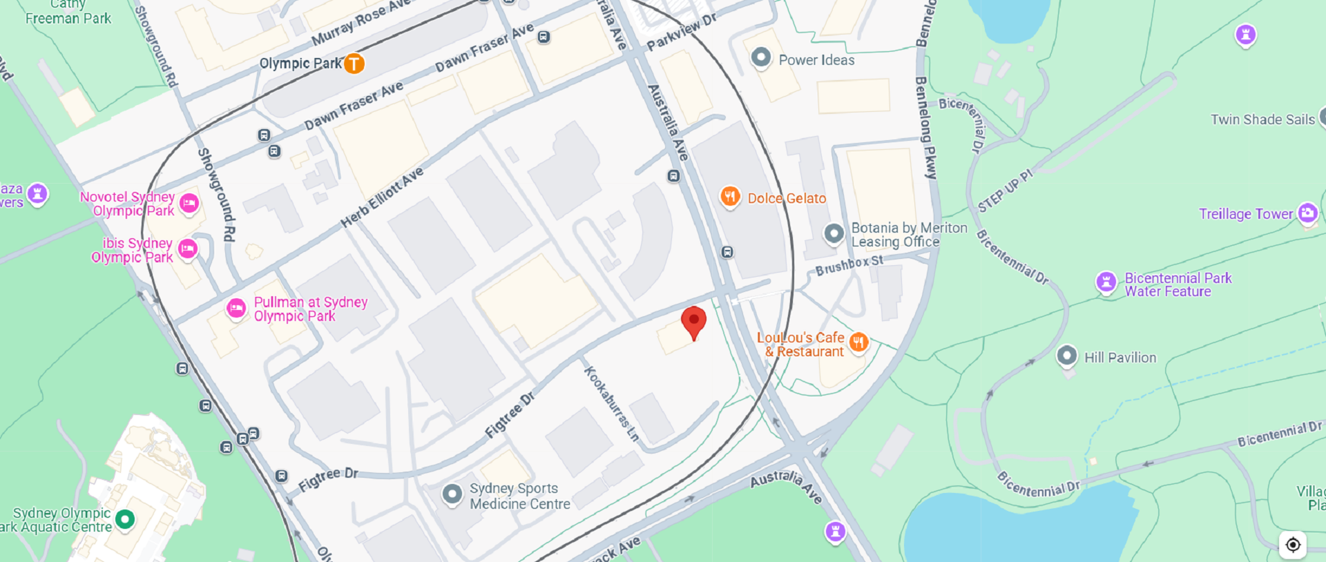 A map of Sydney's Olympic park with a location pinned in red.
