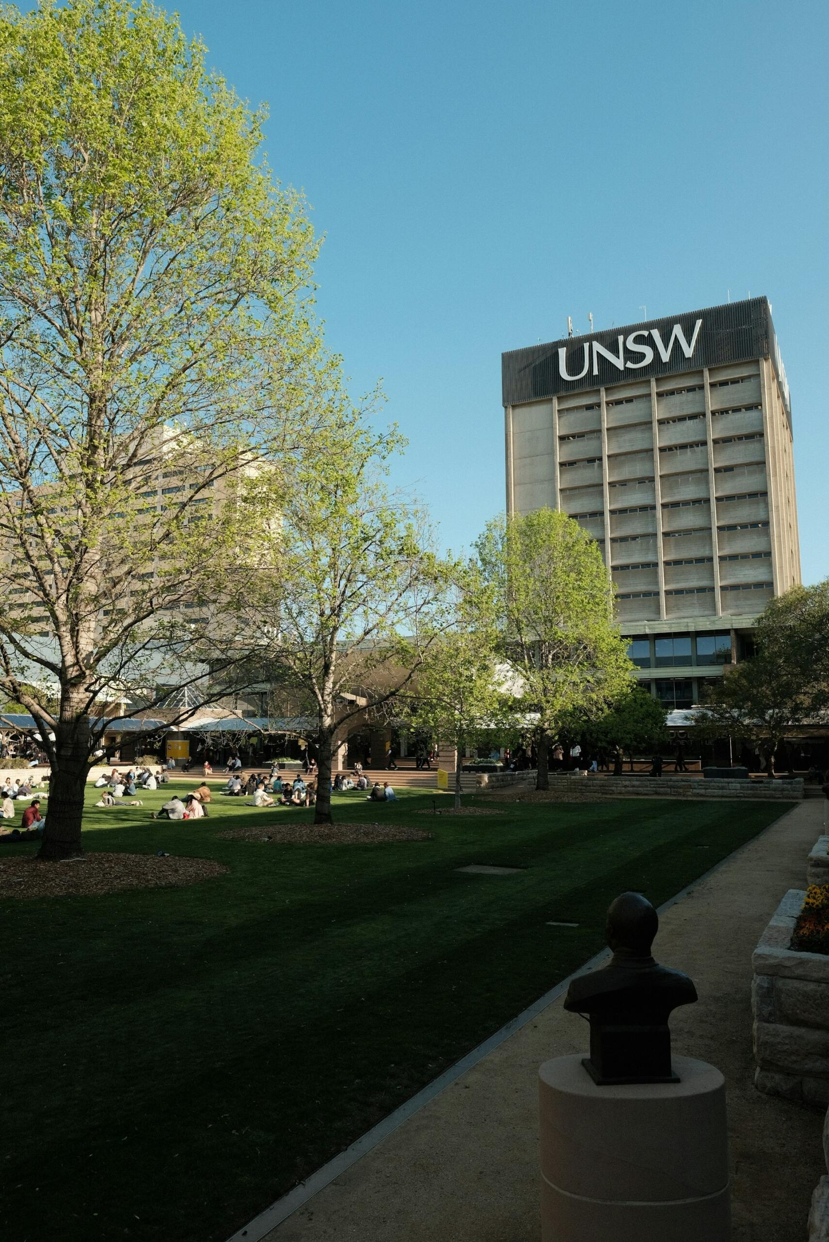 A large white building with letters on its front.
