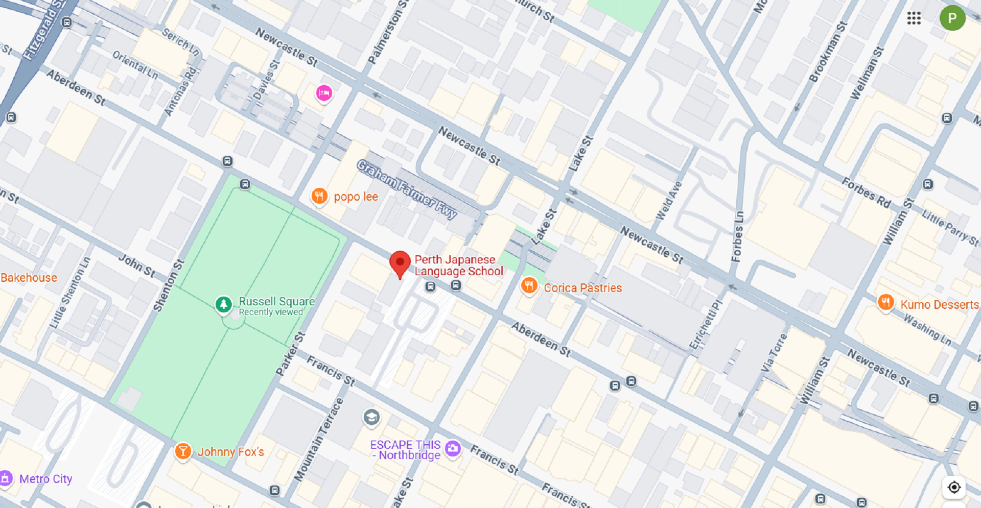 A map showing a location in Perth.