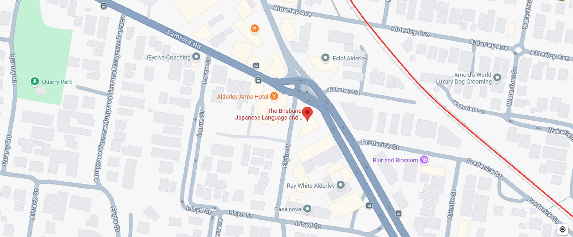 A map of Brisbane showing a school with a red marker.