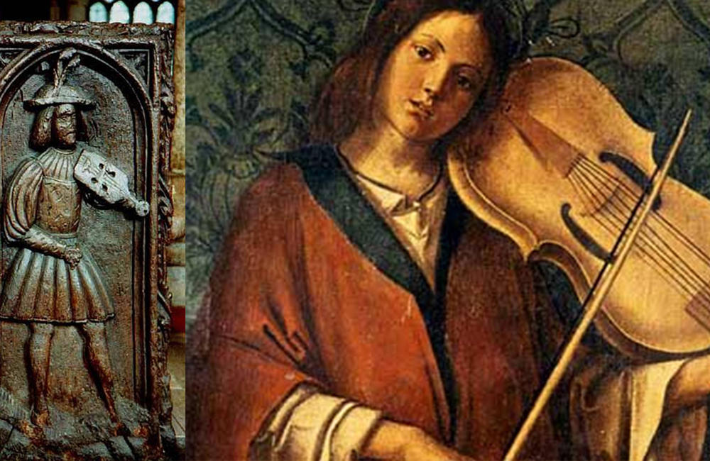 Old painting of a musician playing a string instrument with a bow