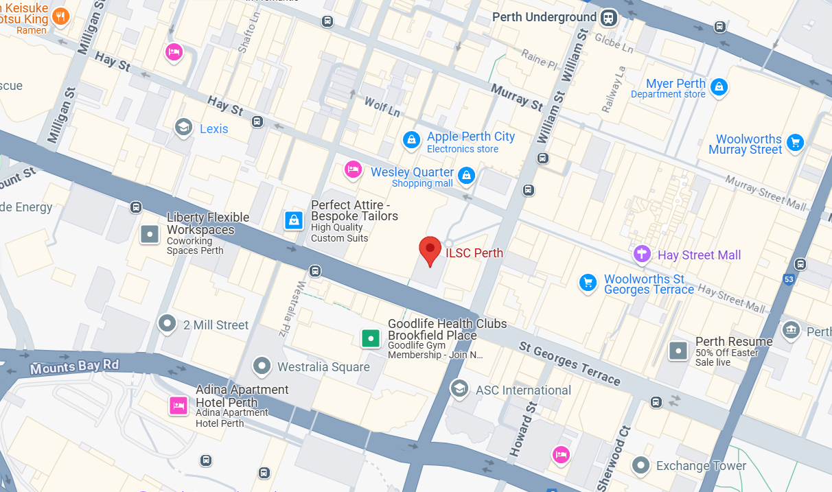 Map highlighting the location of ILSC Language Schools Perth.