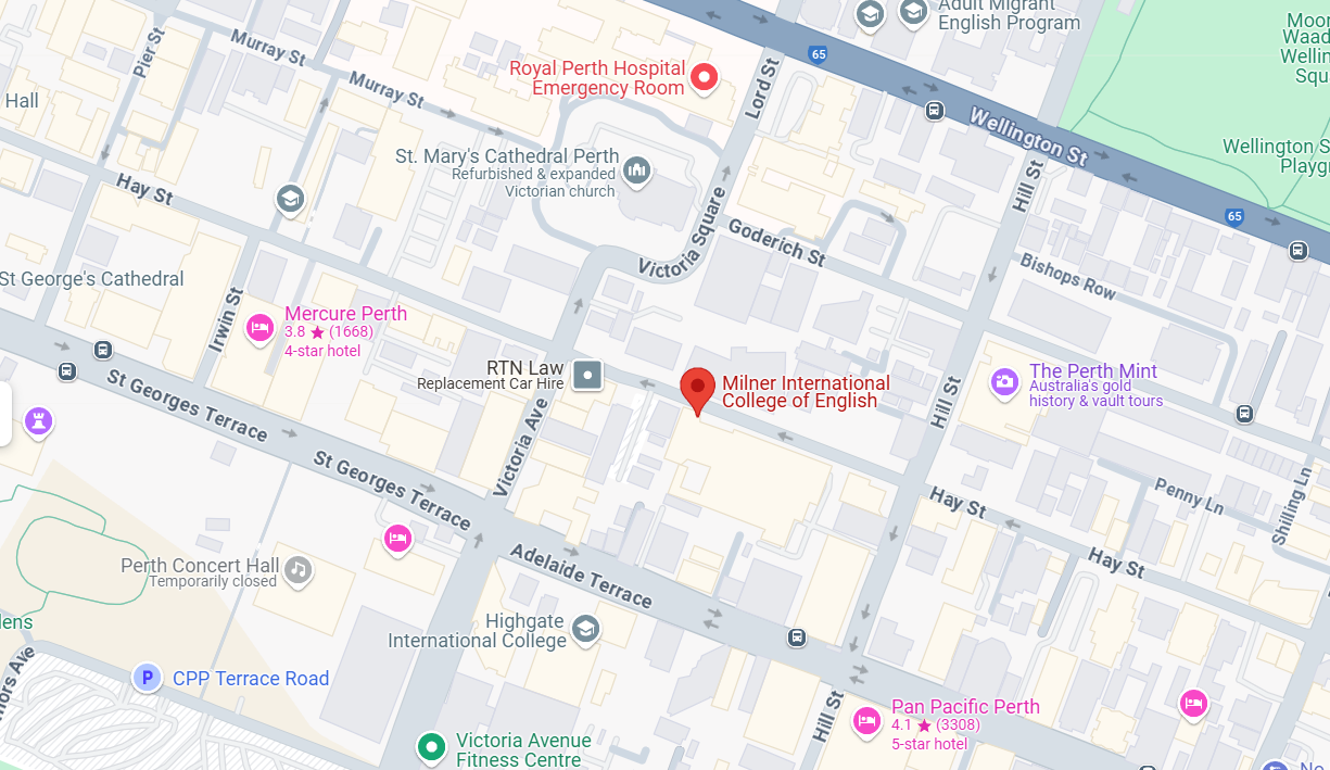 Map highlighting the location of Milner International College of English Perth.