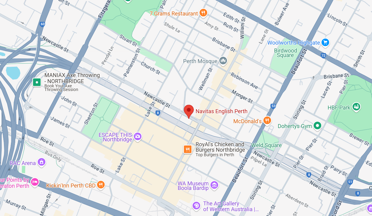 Map highlighting the location of Navitas English Perth.