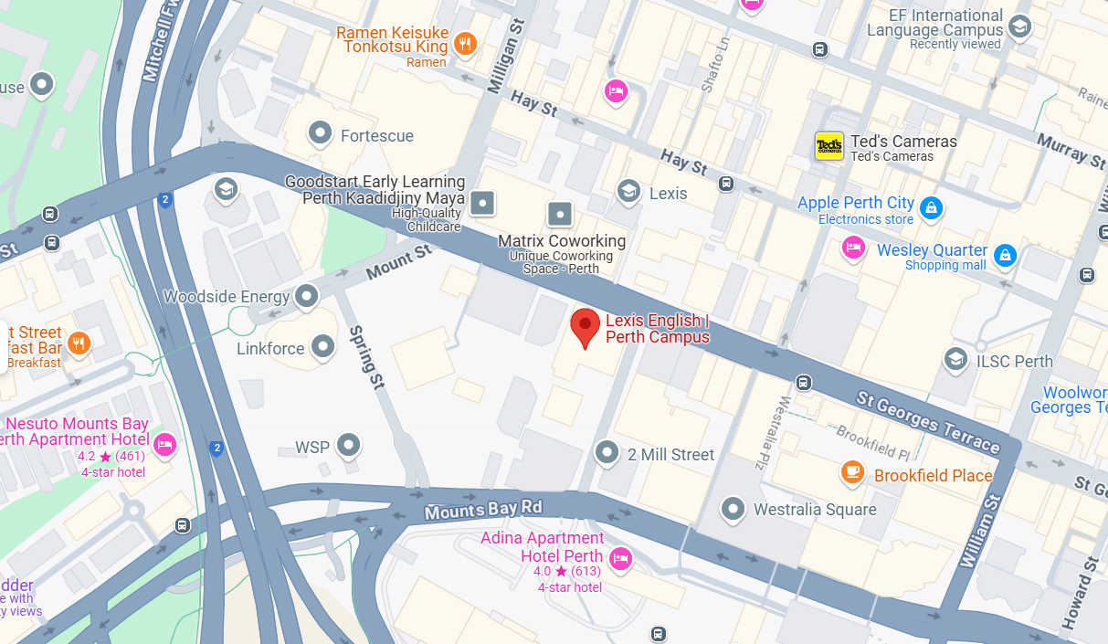Map highlighting the location of Lexis English Perth.