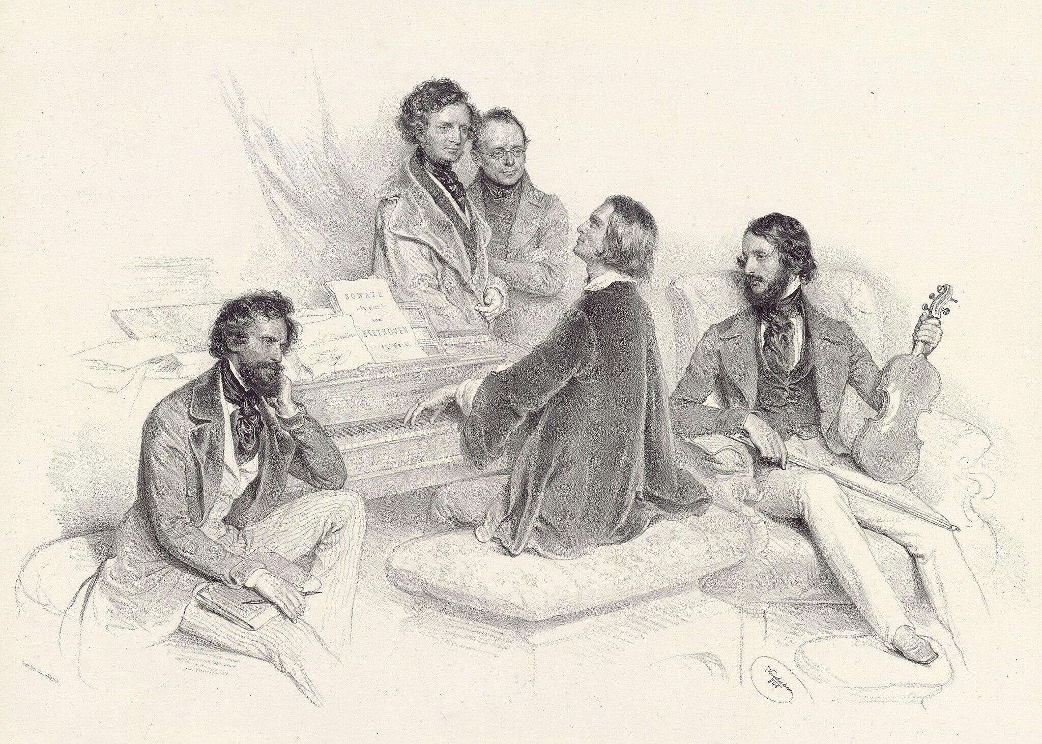 A group of four elegantly dressed men gathered around a piano, engaging in music amidst a cozy interior setting.