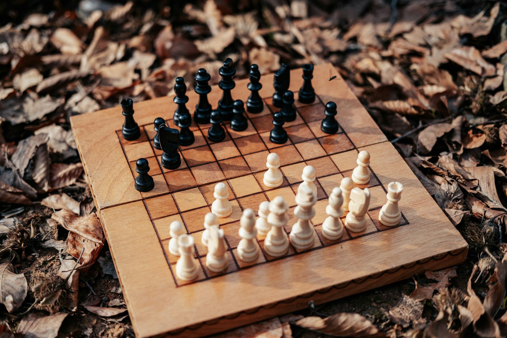 Chessboard with game in progress on a bed of autumn leaves.