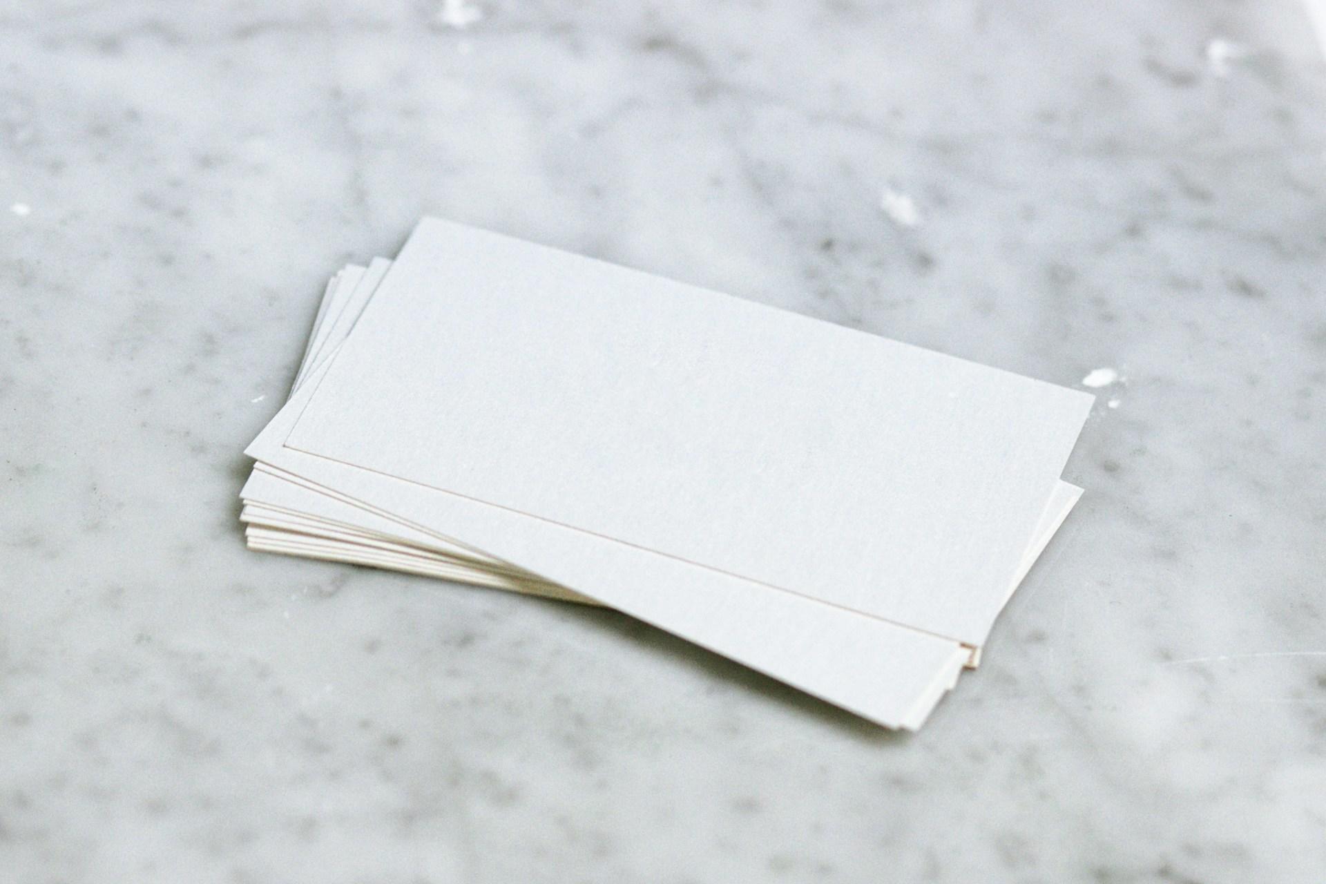 Flash cards on a counter.