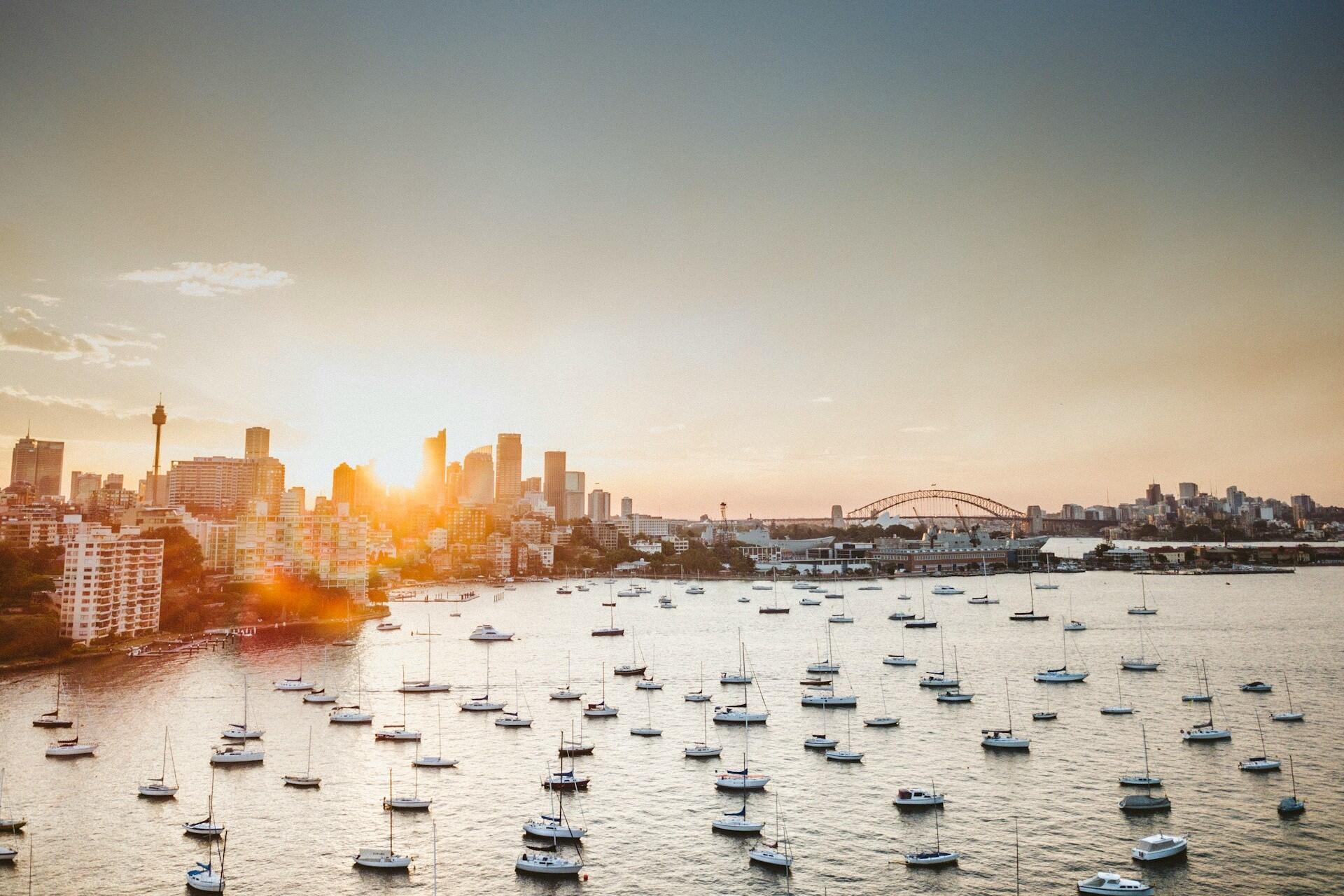 A view of Sydney harbour full of boats.