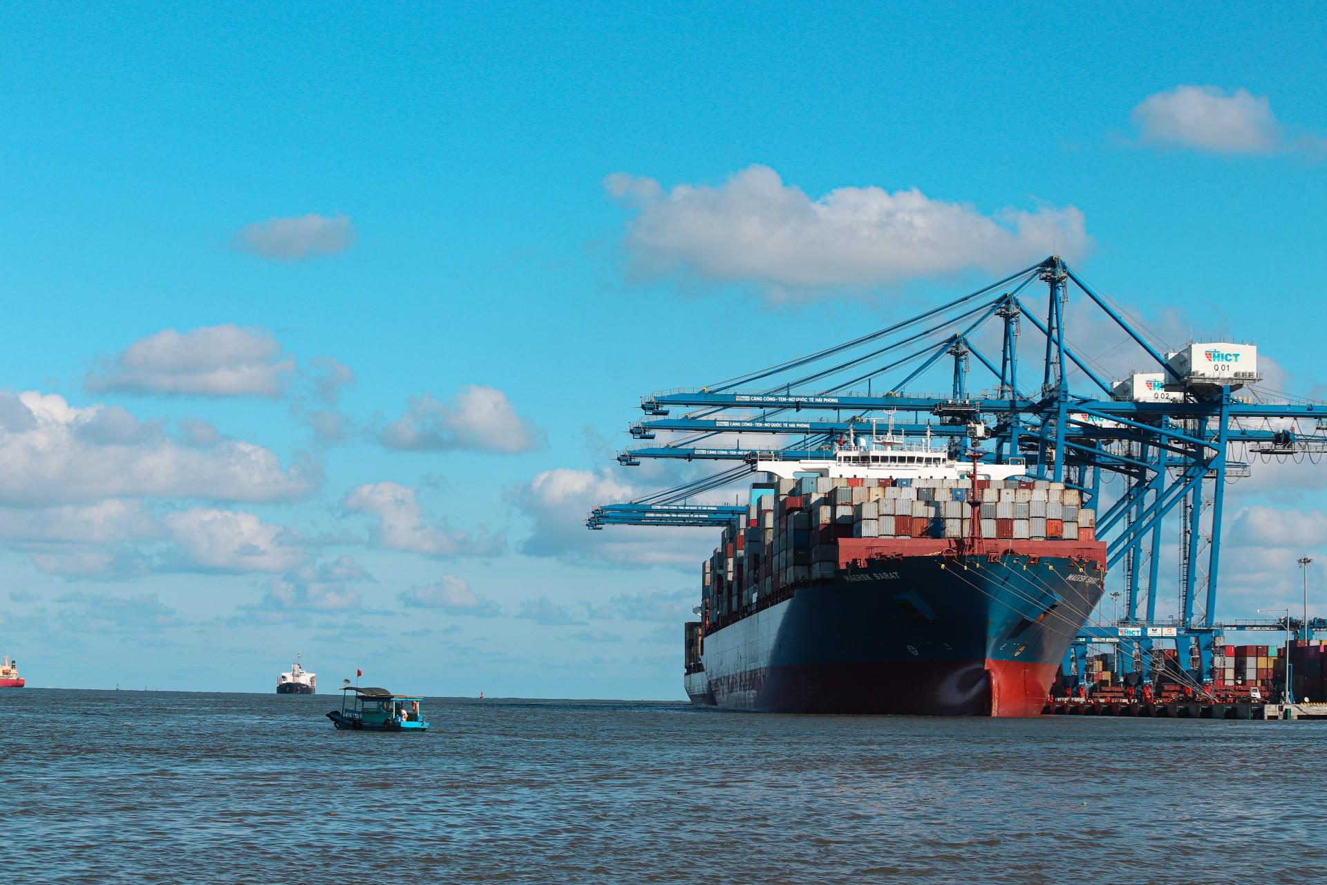 A cargo ship in a port