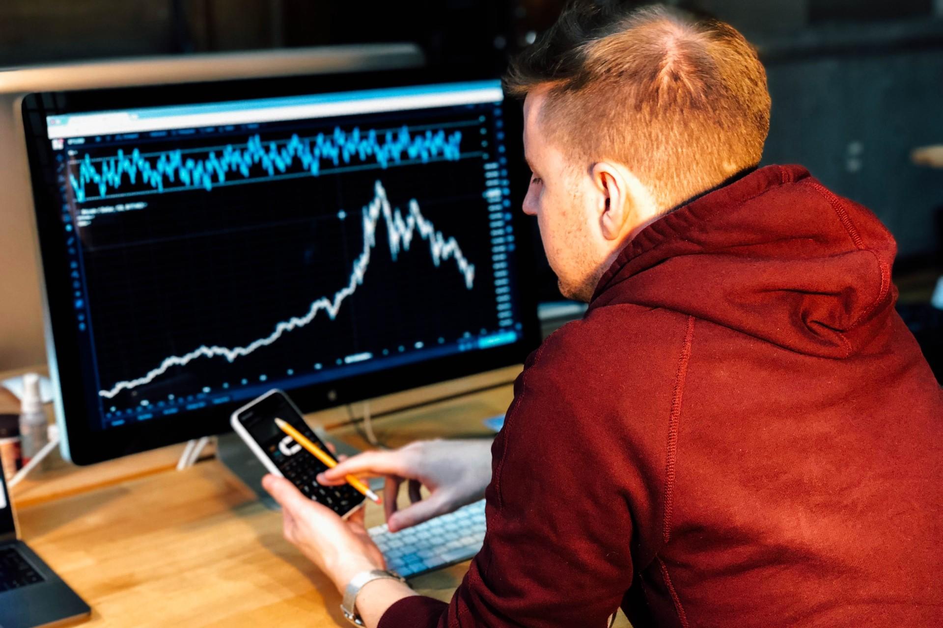 A man analysing a chart on his computer