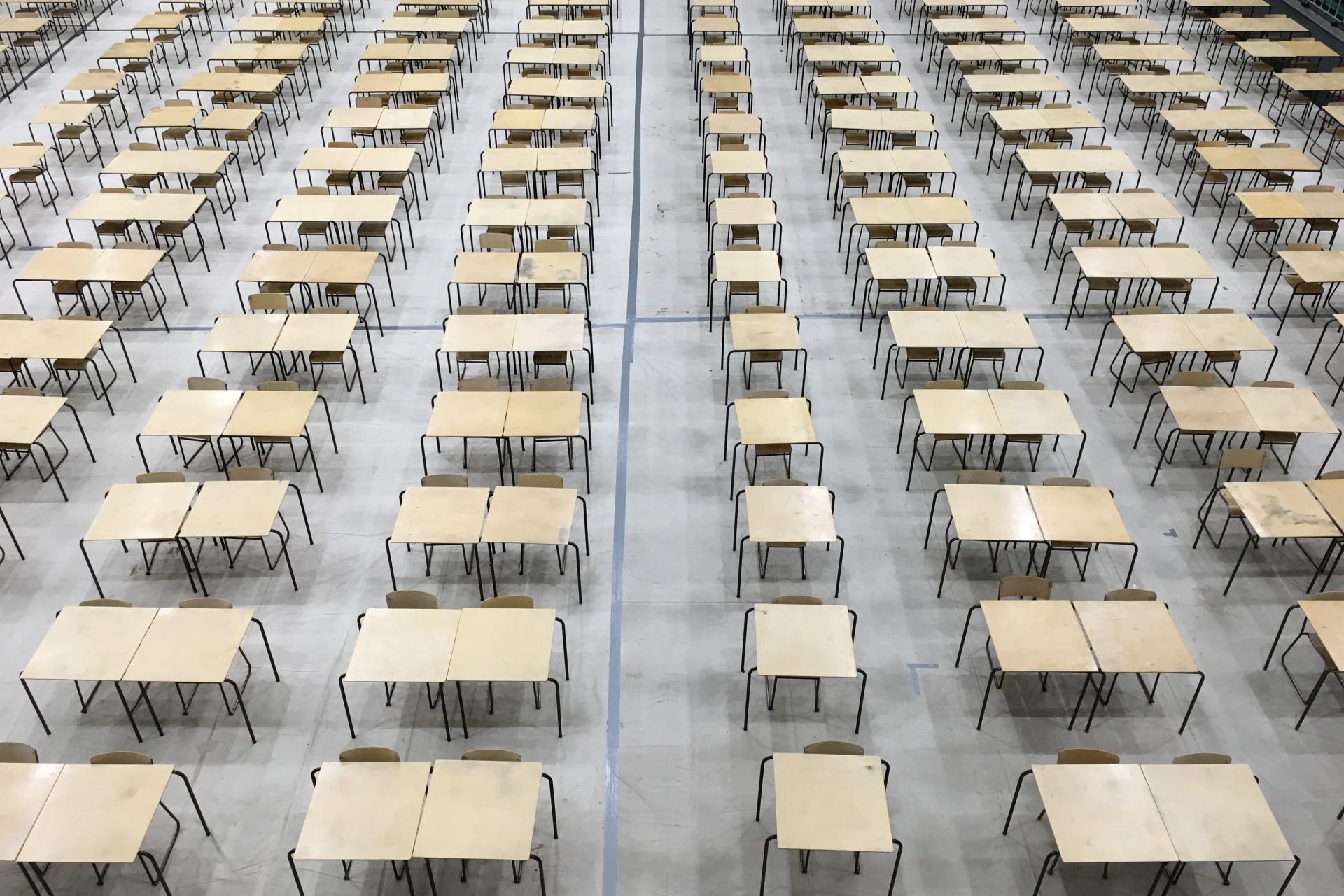 Exam desks in a huge room