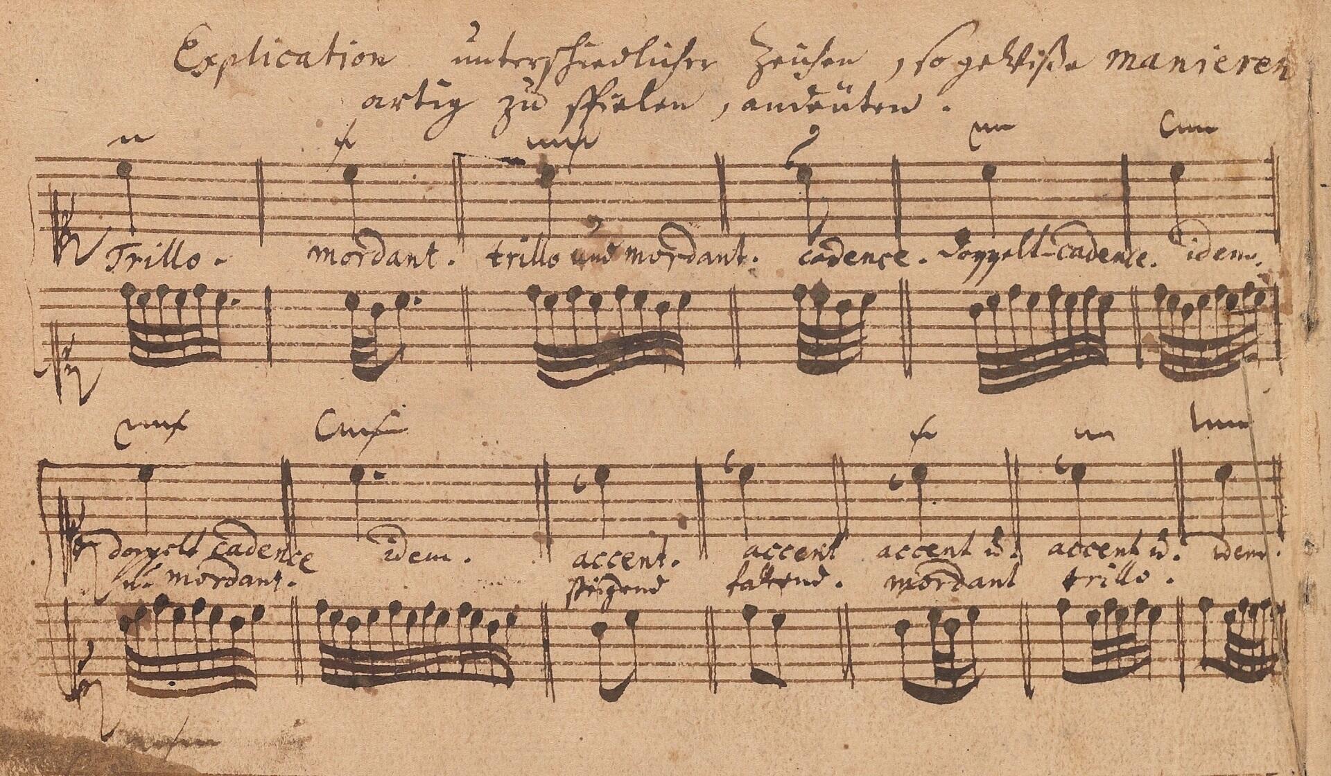 A sepia-toned sheet of music with bars and notes written in black, annotated in a cursive script.