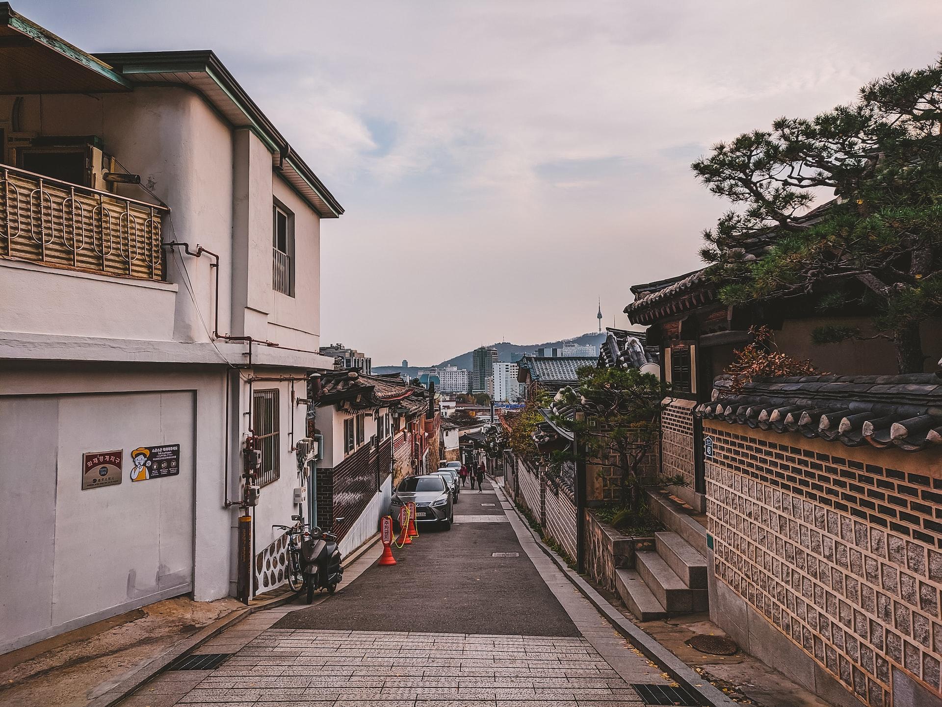 A view of one of the streets in Bukchon Hanok Village, South Korea
