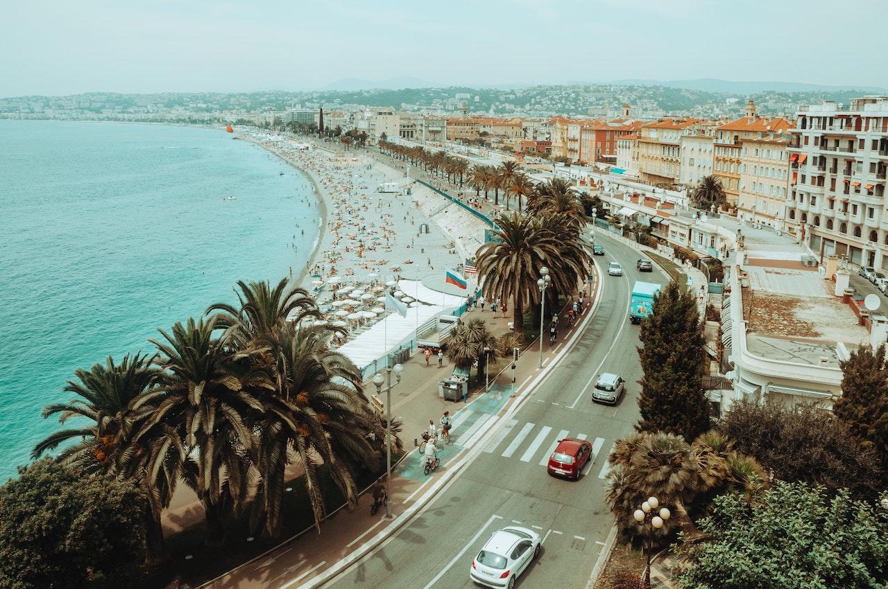 An aerial view of the coast in Nice, France.