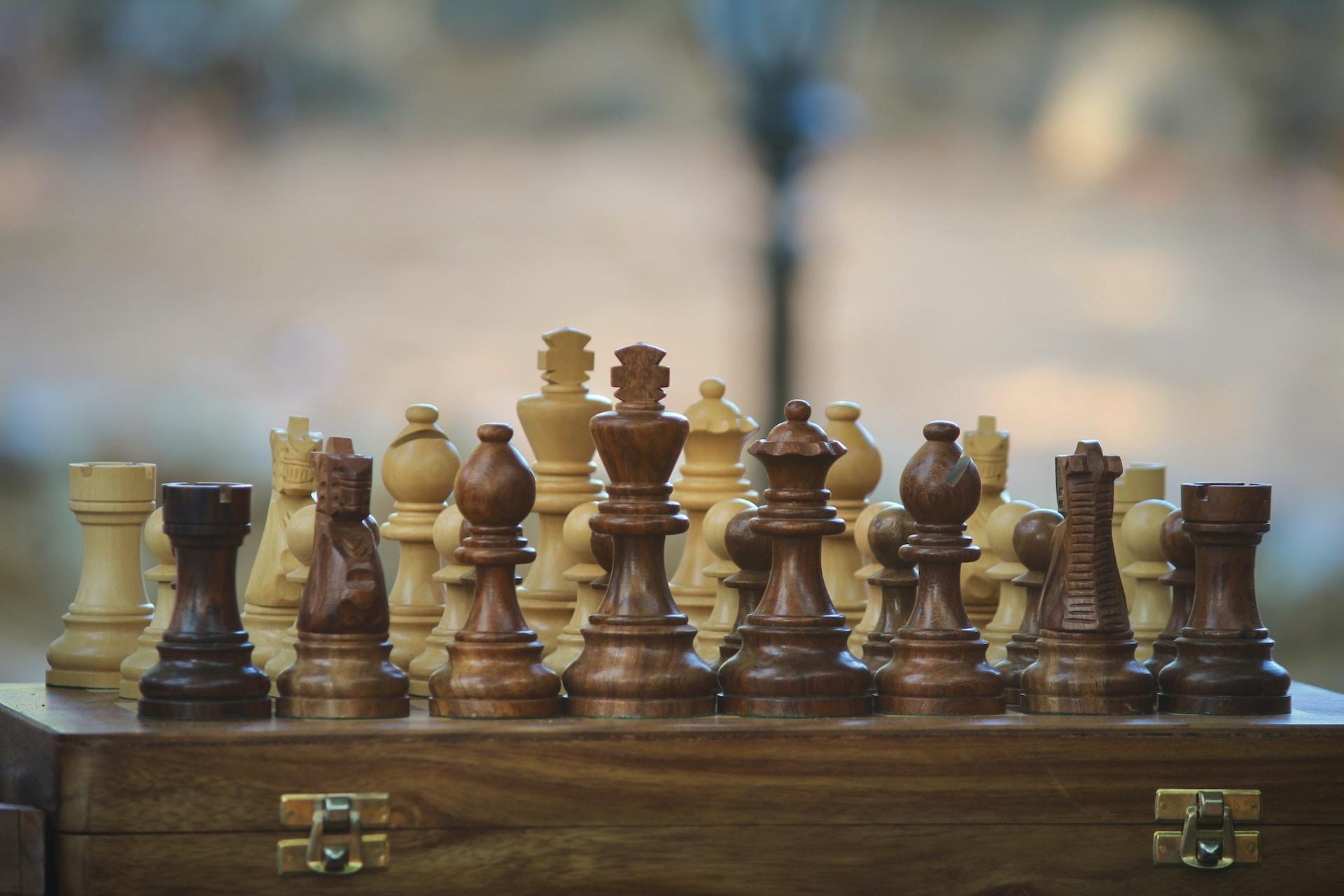 A view of a wooden chess set.
