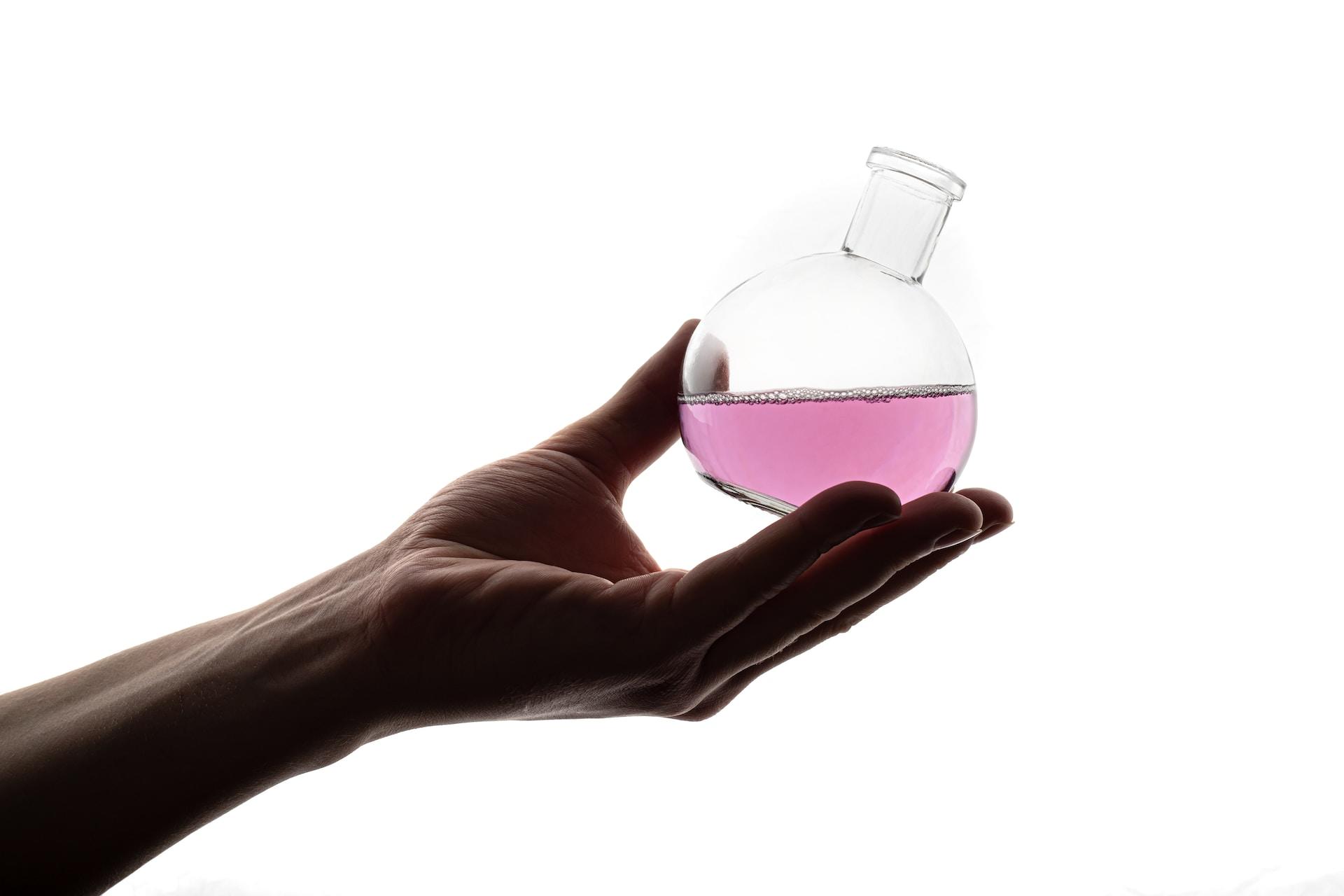 A hand holding spherical chemistry glassware with a pink liquid in it.