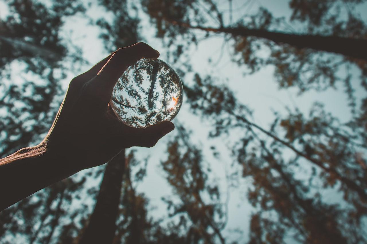 A hand holds up a glass sphere to a blue sky surrounded by trees so that an inverted image appears in the glass.