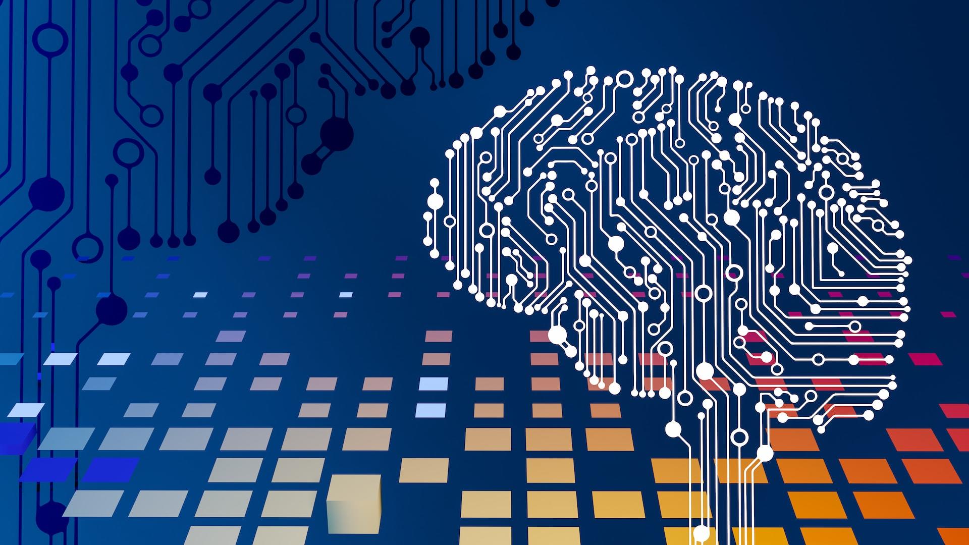 An image of the human brain as if it were made on printed circuit board.