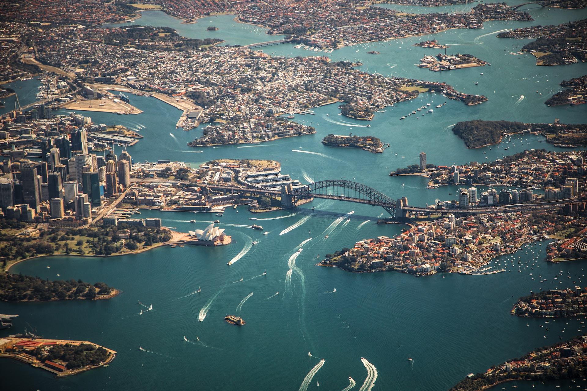 An aerial view of Sydney harbour.